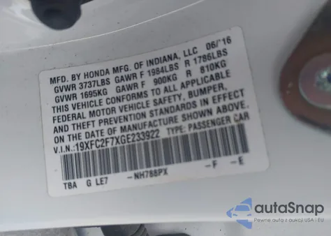 2016 Honda Civic Ex from USA, damaged, VIN 19XFC2F7XGE233922